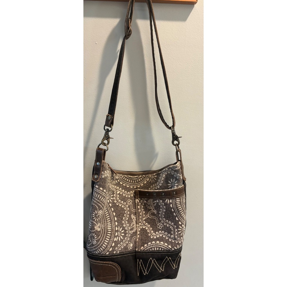 Myra Bag Canvas Leather Paisley Crossbody Shoulder Bag Boho Brown Gray